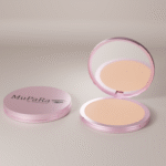 Mupara compact powder in a pink round case with built-in mirror displayed open and closed on a soft neutral background.