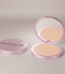 Mupara compact powder in a pink round case with built-in mirror displayed open and closed on a soft neutral background.