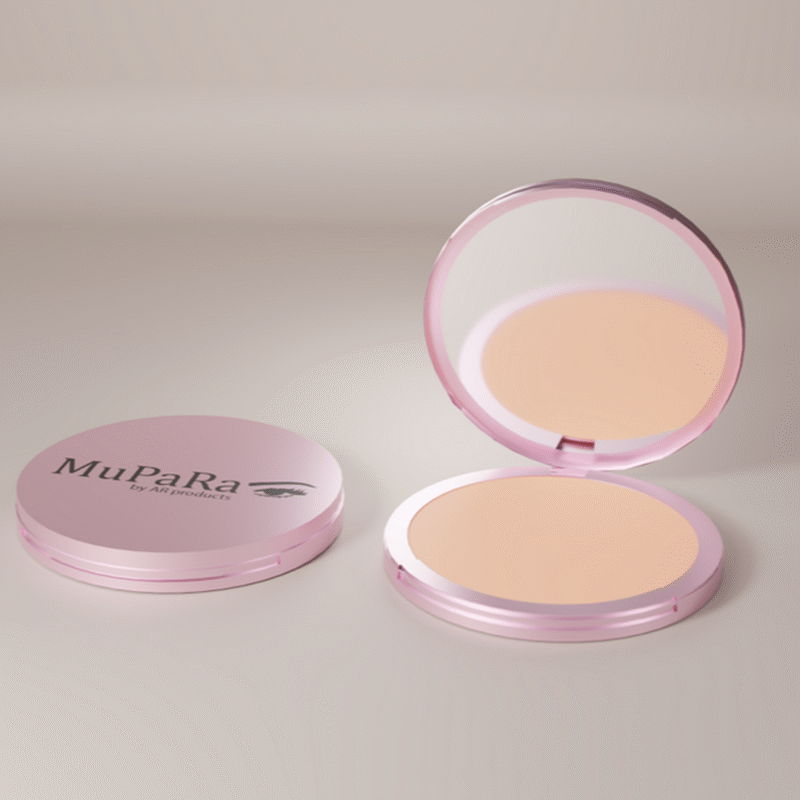 Mupara compact powder in a pink round case with built-in mirror displayed open and closed on a soft neutral background.